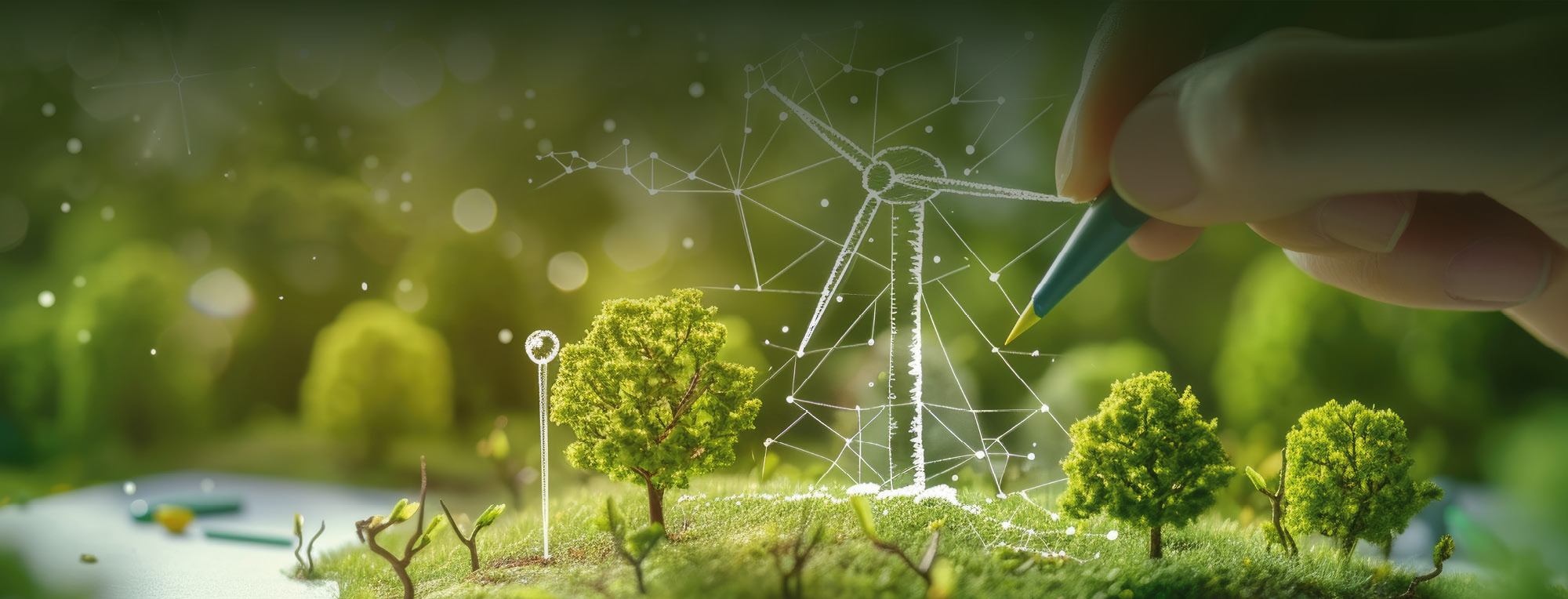 Ein grüner Wald mit Windrädern und einer Hand die einen Stift hält.